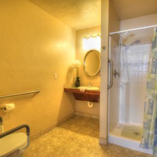 A clean and functional bathroom featuring a shower, sink, and safety handrails.