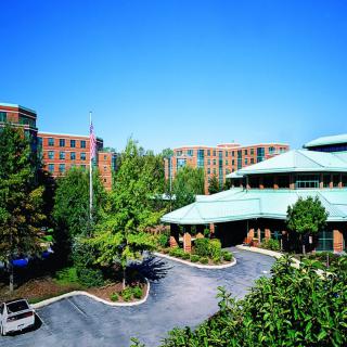 A view of a modern building complex surrounded by trees under a clear blue sky.