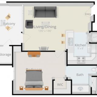 A one-bedroom apartment floor plan featuring a living/dining area, kitchen, bathroom, bedroom with walk-in closet, and balcony.