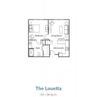Floor plan of The Louetta apartment layout, featuring a bedroom and living area.