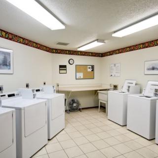 A clean and well-lit laundry room with multiple washing machines and dryers.