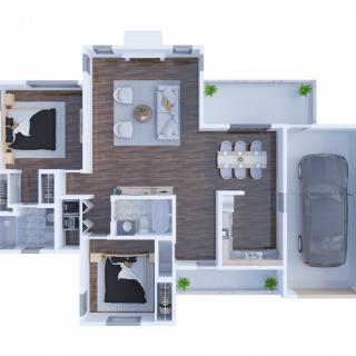 Top view of a modern single-story house floor plan with two bedrooms, a living area, kitchen, and garage.