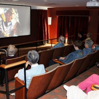 An audience enjoying a film presentation in a cozy movie theater.