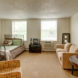A cozy apartment interior featuring a bed, sofa, and two large windows.