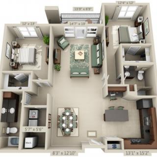 A 3D-rendered floor plan of an apartment featuring multiple rooms, including bedrooms, a living room, kitchen, and bathrooms.