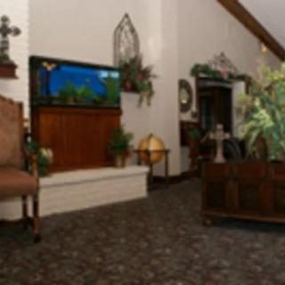 A cozy living room with an aquarium and decorative plants.