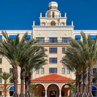 A grand hotel entrance flanked by palm trees under a clear blue sky.