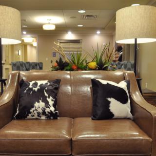 A cozy lobby area featuring a leather sofa with cow-patterned pillows, flanked by lamps and accented with decorative plants.