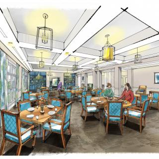 Illustration of a restaurant dining area with elegant seating and lighting.