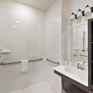 A modern, minimalist bathroom featuring a walk-in shower and a sleek sink with a mirror.