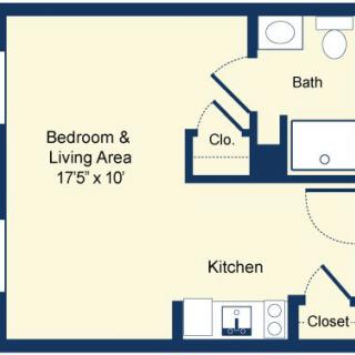 Floor plan of a studio apartment featuring a bedroom and living area, kitchen, bath, and closets.
