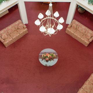 Aerial view of a lobby with red carpeting, featuring a central table with a floral arrangement, surrounded by sofas and illuminated by a chandelier.