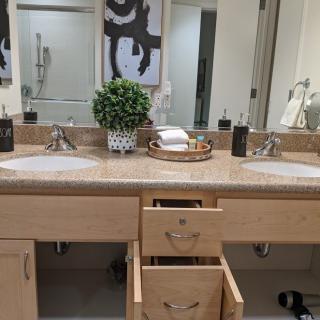 A well-organized bathroom vanity featuring double sinks, mirrors, and decorative elements.