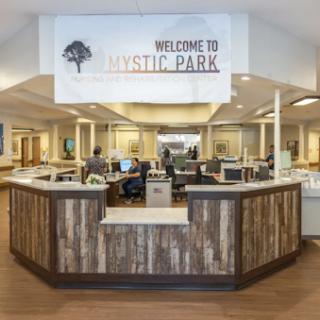 The welcoming reception area of Mystic Park, featuring a contemporary design with warm wood accents.
