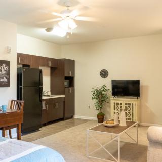 A modern apartment with an open kitchen and living area, featuring stylish decor and furnishings.