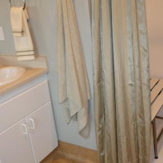 A bathroom featuring a sink with towels hanging nearby and a shower curtain.