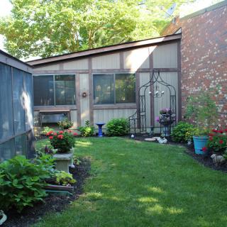 A well-maintained backyard garden with potted plants and a lush green lawn.
