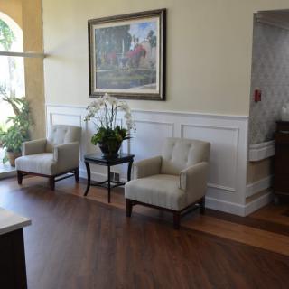 A well-decorated waiting room with comfortable chairs, a painting on the wall, and plants for added ambiance.