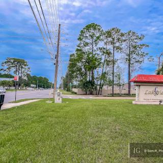 A serene view of a roadside landscape with lush grass, trees, and a clear sky.