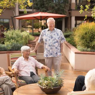 A group of seniors enjoying a relaxing day in a garden setting.