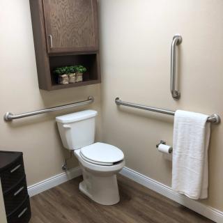 An accessible bathroom with grab bars and a modern design.