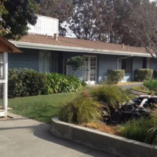 A single-story house with a well-maintained garden and a small pond in the front yard.