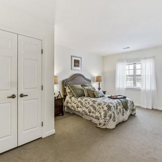 A well-lit bedroom with elegant decor and a carpeted floor.