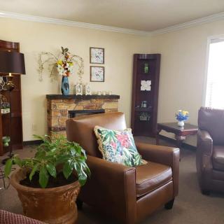 A cozy living room with leather armchairs, decorative plants, and a warm atmosphere.