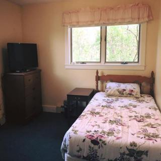Cozy bedroom with a single bed and floral bedding next to a window.