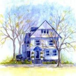 A watercolor illustration of a house surrounded by trees.