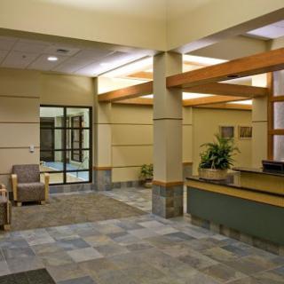 A spacious and inviting lobby with modern design elements and comfortable seating.