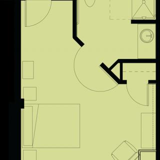 A schematic floor plan of a bedroom, showing furniture arrangement and room layout.
