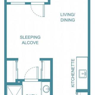 A minimalist studio apartment floor plan with a living/dining area, sleeping alcove, kitchenette, and bathroom.