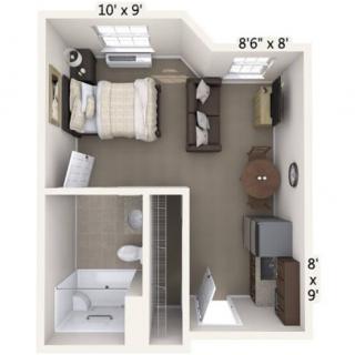 A compact studio apartment floor plan featuring a bedroom area, bathroom, and living space with furniture layout.