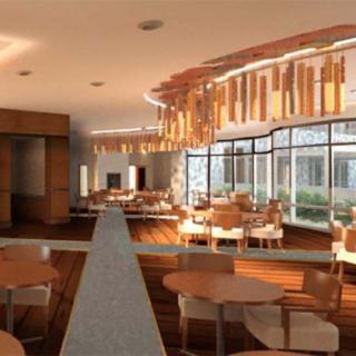 A modern restaurant interior with wooden decor and large windows.