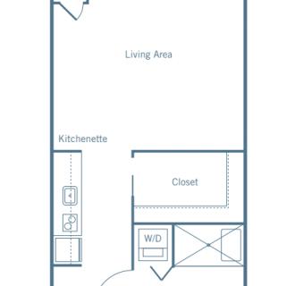 A floor plan layout of a studio apartment with a kitchenette, living area, closet, and bathroom.