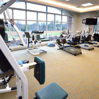 A well-equipped gym featuring various fitness machines and a large window with natural light.