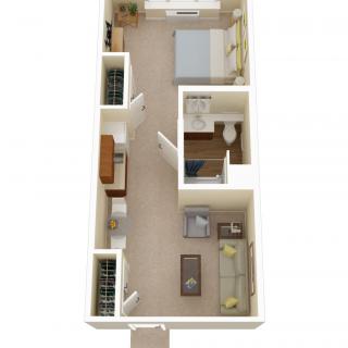 A one-bedroom apartment floor plan with a living room, kitchen, and bathroom.
