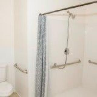 Accessible bathroom with a shower, grab bars, and a toilet.