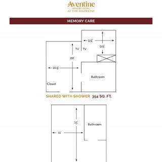 An apartment floor plan showing the layout and dimensions of a shared suite, including a bedroom and bathroom.