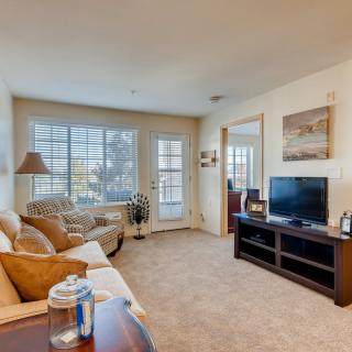 A cozy living room with a sofa, television, and large windows letting in natural light.