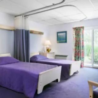 A hospital room with twin beds covered in purple bedding and a view of the outside through the window.