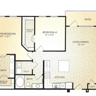 A floor plan of a two-bedroom apartment with a kitchen, living room, bathroom, and balcony.