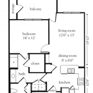 This is a floor plan of an apartment featuring one bedroom, a living room, dining area, kitchen, bathroom, and balcony.