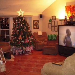A cozy living room decorated for Christmas, featuring a beautifully adorned tree and wrapped presents beneath it.