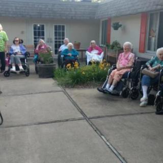 A group of elderly individuals sitting outdoors in wheelchairs, enjoying a peaceful day in the garden of a nursing home.