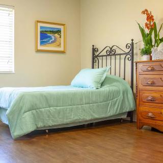 A tidy bedroom with a single bed, green bedding, and a wooden dresser adorned with plants.