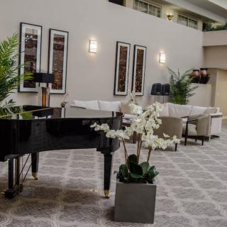 A modern and elegant lobby featuring a grand piano, stylish furniture, and decorative plants.
