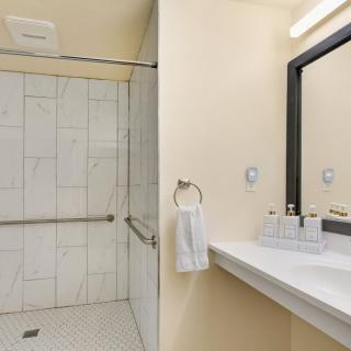 A modern bathroom with a walk-in shower, sink, and mirror.