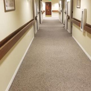 A long, carpeted hallway with doors on either side and handrails along the walls.